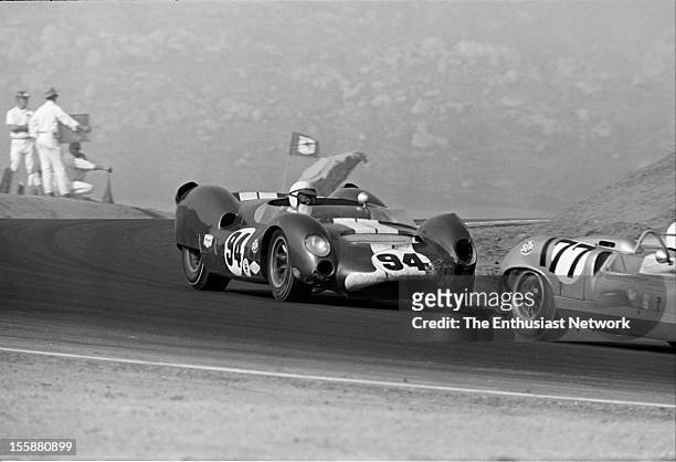 Times Grand Prix - Riverside. Race winner Parnelli Jones in his Cooper King Cobra drives right behind Bill Wuesthoff in a Porsche powered Elva Mk7.