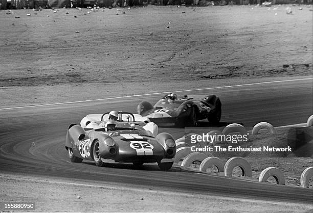 Times Grand Prix - Riverside. Richie Ginther in his Cooper King Cobra leads one of the Chaparral 2As and Jim Clark fallows behind in his Lotus 30.