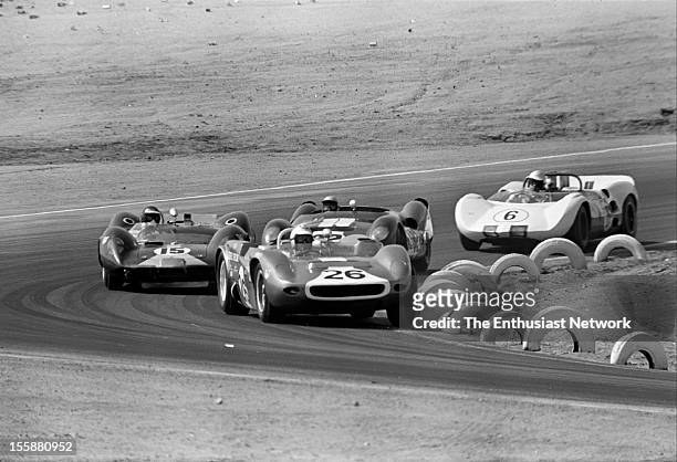 Times Grand Prix - Riverside. Walt Hansgen driving a Scarab Mk4 leads Jim Clark in his Lotus 30, Parnelli Jones in a King Cobra and Roger Penske in a...