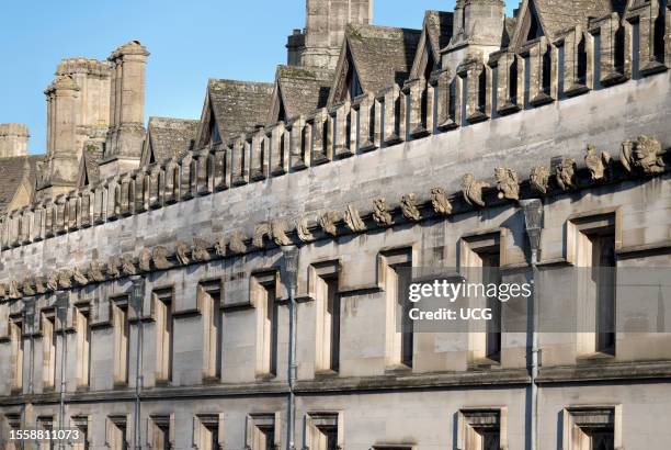 Gargoyles of Magdalen College, Oxford, all in a line.