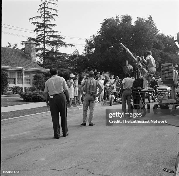 Bye Bye Birdie Movie Shoot. The hit Broadway musical is filmed for the big screen. In this street scene Conrad Birdie arrives at the McAfee residence...