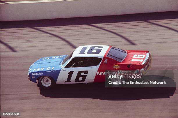 Miller 500 - NASCAR - Ontario Motor Speedway. Mark Donohue of Penske racing drives his AMC Matador. Donohue would start the race seventh on the grid...