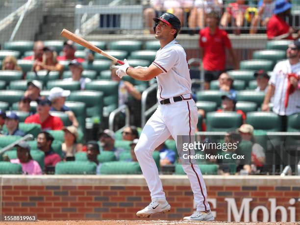 Matt Olson of the Atlanta Braves hits a two-run homer in the seventh inning against the Arizona Diamondbacks at Truist Park on July 20, 2023 in...