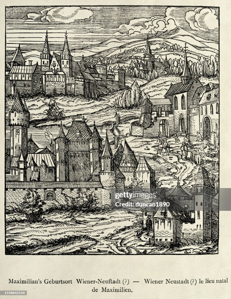 German etching, From the Weifskunig, The birthplace of Maximilian I Holy Roman Emperor Wiener Neustadt Austria