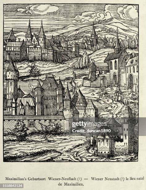 stockillustraties, clipart, cartoons en iconen met german etching, from the weifskunig, the birthplace of maximilian i holy roman emperor wiener neustadt austria - rond de 15e eeuw