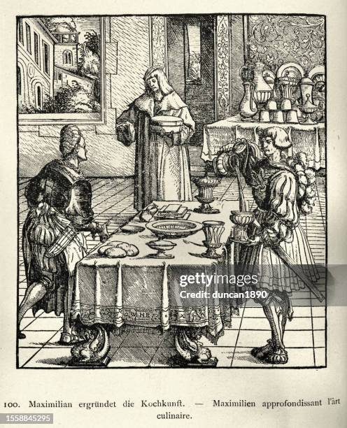 stockillustraties, clipart, cartoons en iconen met weifskunig, maximilian i holy roman emperor explores the art of cooking, history cookery culinary arts, 15th century - rond de 15e eeuw