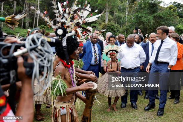 Prime Minister of Papua New Guinea James Marape and France's President Emmanuel Macron visit Varirata national park forest in Port Moresby on July...