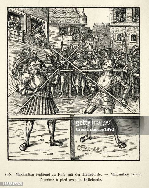 stockillustraties, clipart, cartoons en iconen met weifskunig, maximilian i holy roman emperor in armour fighting on foot with the halberd, 15th century - circa 15th century