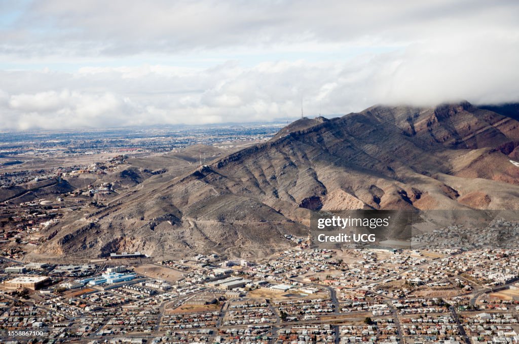 The Franklin Mountains, in El Paso, Texas, form a tilted fault block from Basin and Range style crustal extension. Ordovician El Paso Formation makes up the thin-bedded rocks in the photo.