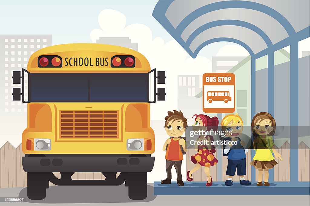 Cartoon Children About To Board A School Bus At A Bus Stop High-Res Vector  Graphic - Getty Images