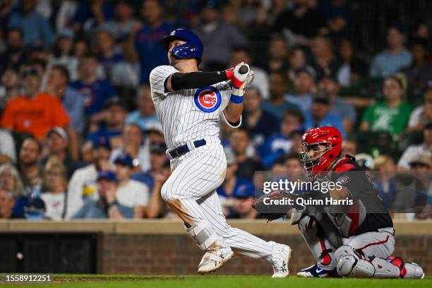 Seiya Suzuki of the Chicago Cubs bats against the Washington Nationals at Wrigley Field on July 19, 2023 in Chicago, Illinois.