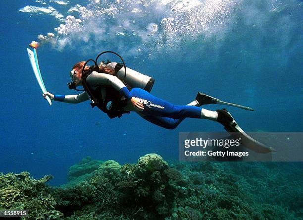 Wendy Craig-Duncan, a marine-biologist on Australia's Great Barrier Reef, carries the Sydney Olympic torch underwater at Agincourt Reef, Great...
