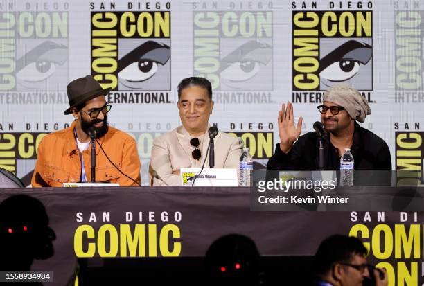 Rana Daggubati, Kamal Haasan and Prabhas speak onstage at "Project K: Inside India's History-Making Sci-Fi Epic" panel during 2023 Comic-Con...