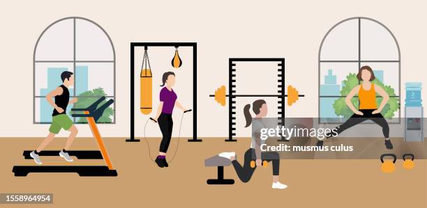 group of people exercising in the gym - sportsperson stock illustrations