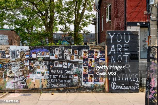Toronto, Canada, Kensington Market. A photo display board with a message. Buildings and trees form the backdrop.