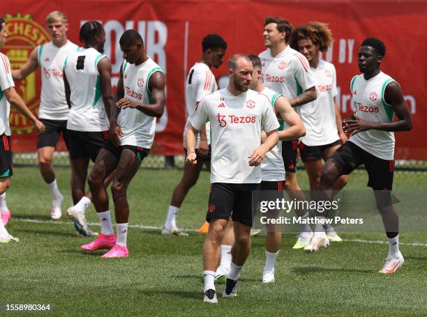 Christian Eriksen of Manchester United in action during a pre-season training session at Pingry School on July 20, 2023 in Basking Ridge, New Jersey.