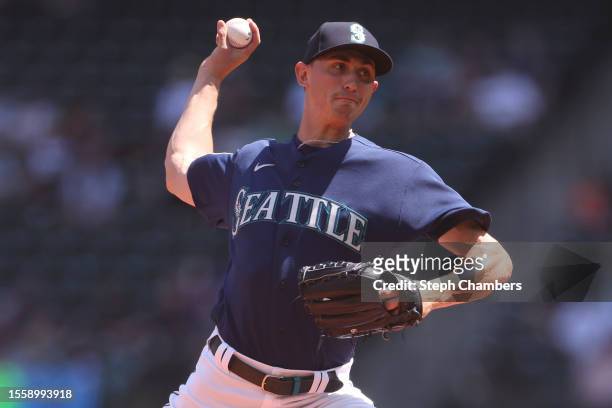 George Kirby of the Seattle Mariners pitches during the first inning against the Minnesota Twins at T-Mobile Park on July 20, 2023 in Seattle,...