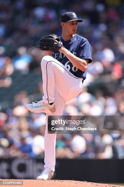 George Kirby of the Seattle Mariners pitches during the third inning against the Minnesota Twins at T-Mobile Park on July 20, 2023 in Seattle,...