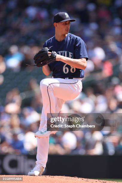 George Kirby of the Seattle Mariners pitches during the third inning against the Minnesota Twins at T-Mobile Park on July 20, 2023 in Seattle,...