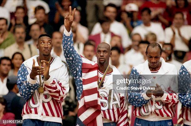 August 8, 1992: Michael Jordan of Team USA celebrates after winning the Gold medal after defeating Croatia 117-85 at the 1992 Summer Olympic games in...