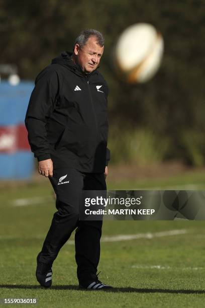New Zealand's coach Ian Foster watches his players during a training session at Xavier College in Melbourne on July 28 ahead of the Rugby...