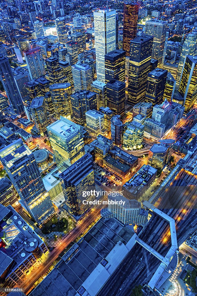 Toronto financial district cityscape at dusk