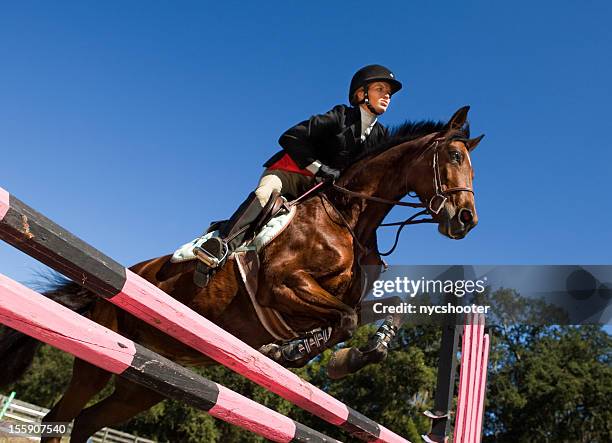 reiter-show jumping - horse racing jump stock-fotos und bilder