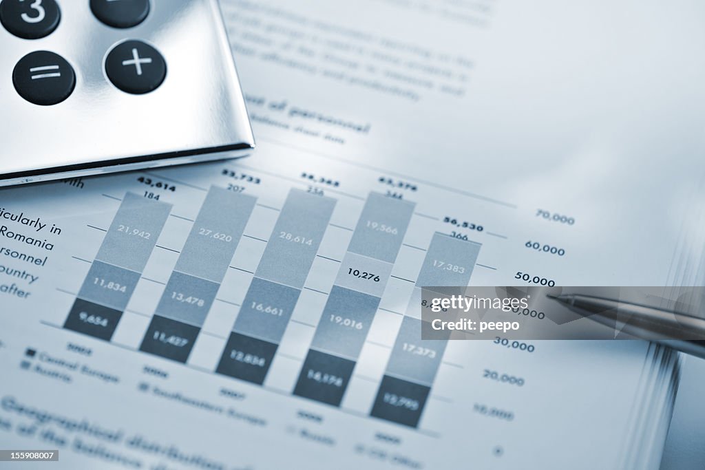 Silver calculatrice et stylo sur Feuille de données financières