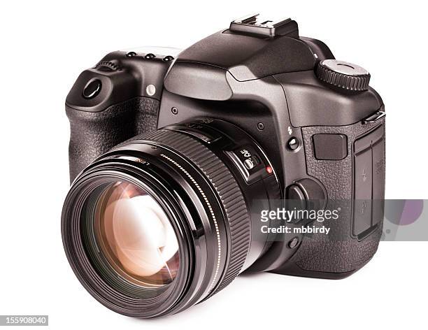 dslr camera with lens, isolated on white, clipping path - digitale spiegelreflexcamera stockfoto's en -beelden