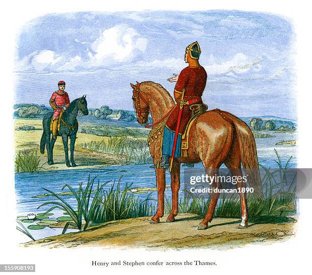 henry and stephen confer across the thames - statue of st stephen stock illustrations