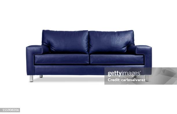a blue leather sofa with silver legs - sofa stock pictures, royalty-free photos & images