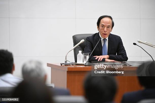 Kazuo Ueda, governor of the Bank of Japan , during a news conference at the central bank's headquarters in Tokyo, Japan, on Friday, July 28, 2023....