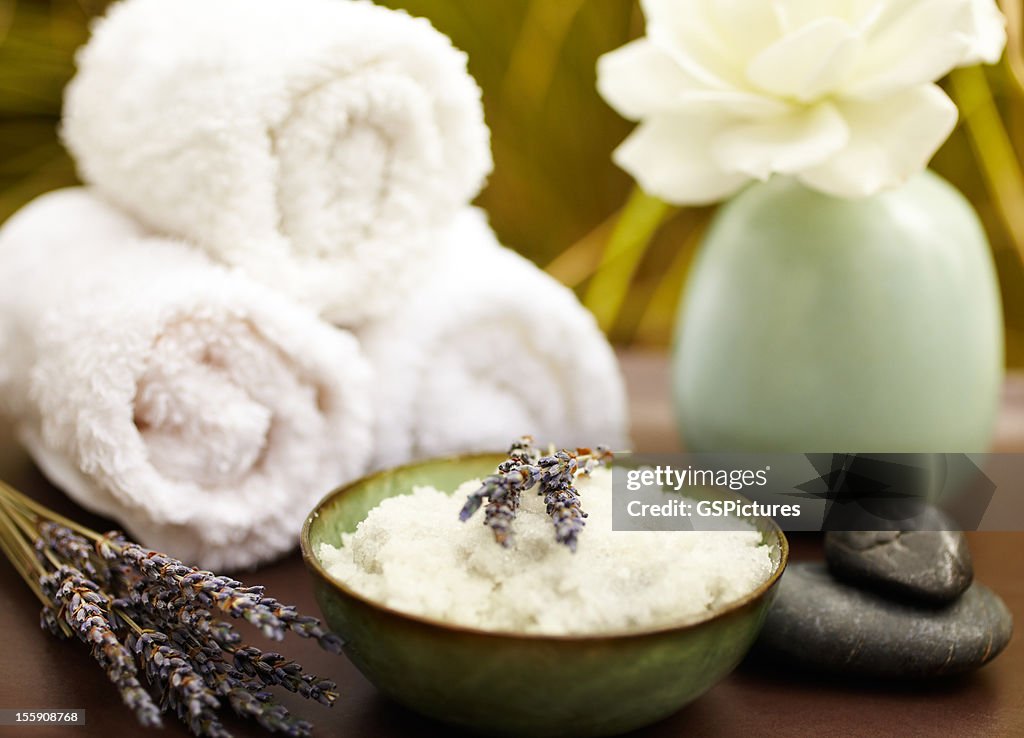 Exfoliation salt scrub at spa with lavender