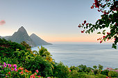 Panoramic view of St Lucias Twin Pitons at Sunrise