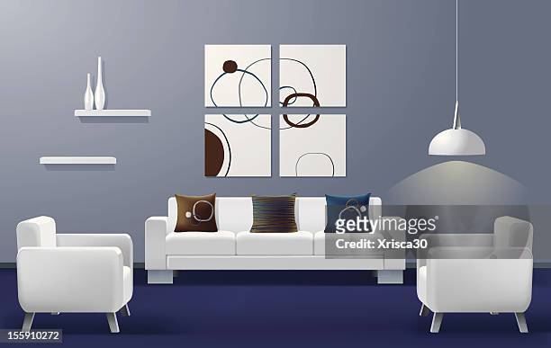 bildbanksillustrationer, clip art samt tecknat material och ikoner med illustration of a modern living room with a white couch - mysigt