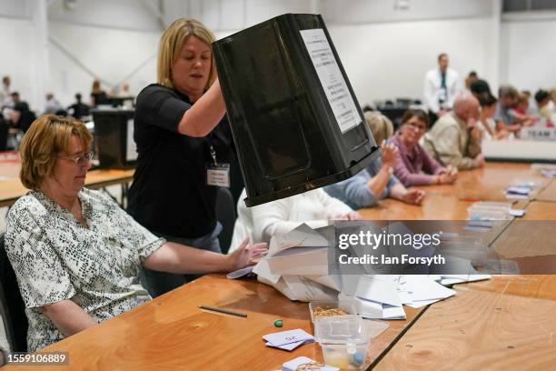 Ballots are emptied out to be verified after polls closed in the Selby and Ainsty by-election on July 20, 2023 in Selby, England. The by-election was...