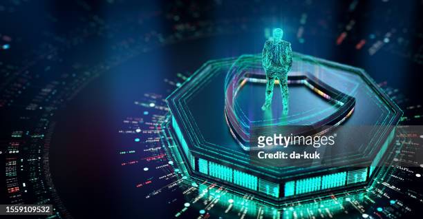internet cyber security concept. holographic man protected by digital shield. shield icon holographic code. cgi 3d render - antivirus stock pictures, royalty-free photos & images