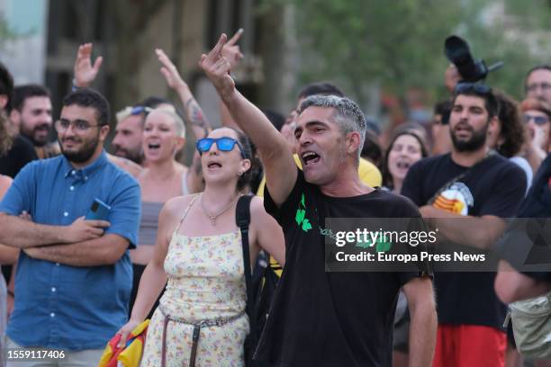 Dozens of people protest against a Vox rally, at Llibertat square, on July 20 in Reus, Tarragona, Catalonia, Spain. The Vox rally is being held ahead...