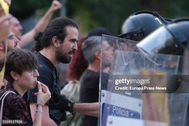 Dozens of people protest against a Vox rally, at Llibertat square, on July 20 in Reus, Tarragona, Catalonia, Spain. The Vox rally is being held ahead...