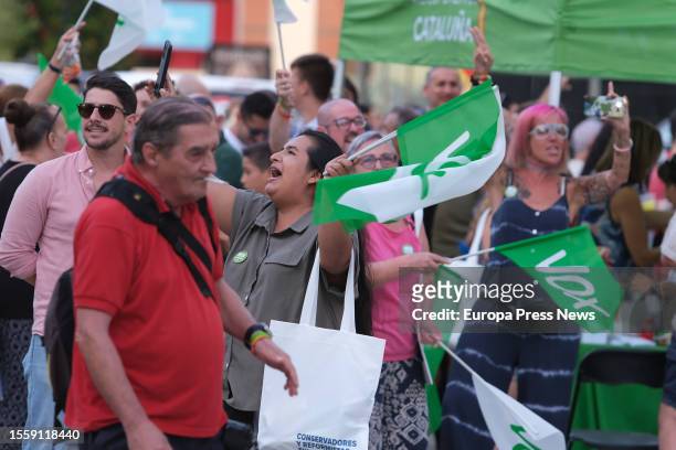 Attendees at a Vox rally, at Llibertat square, on 20 July, 2023 in Reus, Tarragona, Catalonia, Spain. The Vox rally is held in the run-up to the...