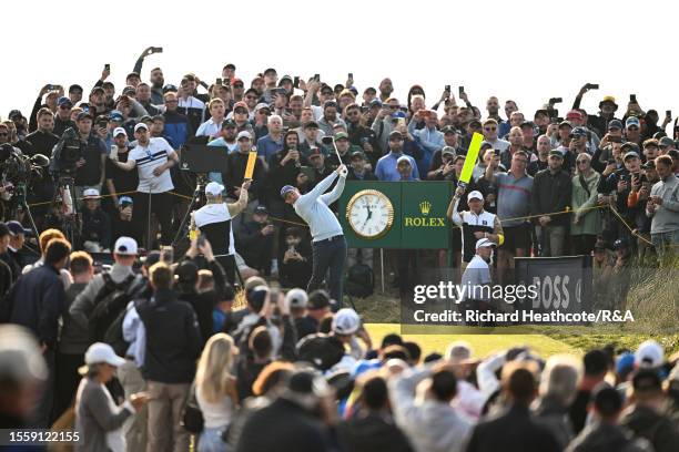 Rory McIlroy of Northern Ireland tees off on the 15th hole on Day One of The 151st Open at Royal Liverpool Golf Club on July 20, 2023 in Hoylake,...