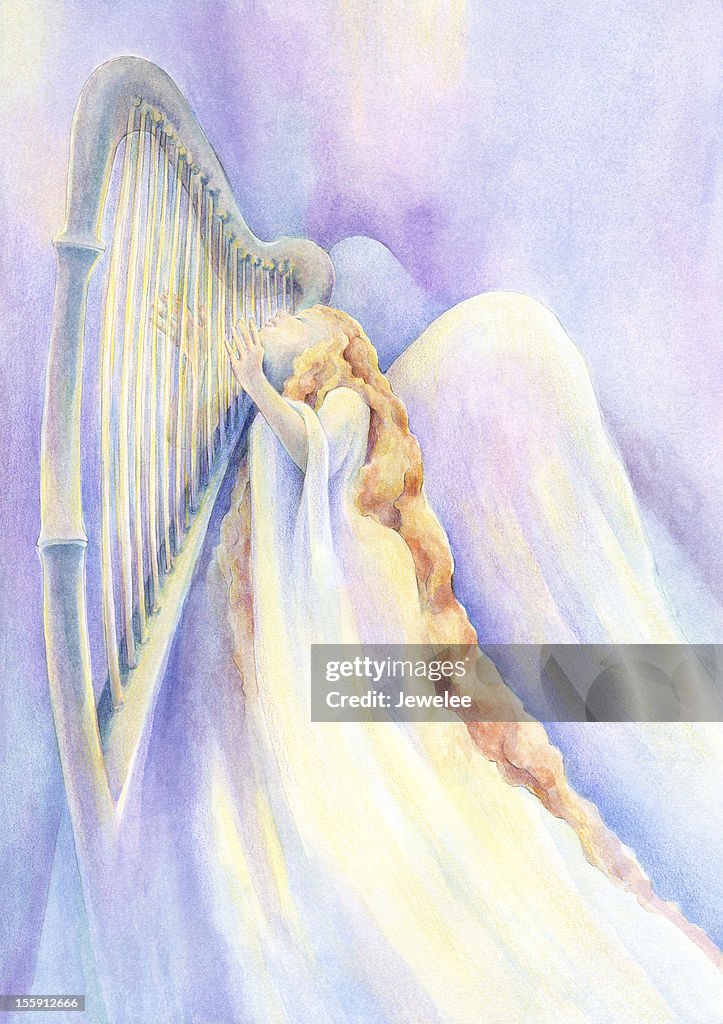 Angel In Rapture Playing Heavenly Music On The Harp