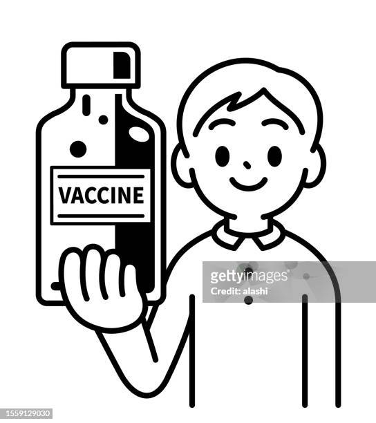 a boy holding a big vaccine bottle, looking at the viewer, minimalist style, black and white outline - boost your immune system stock illustrations