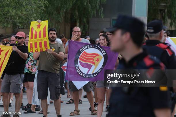 Dozens of people protest against a Vox rally, at Llibertat square, on July 20 in Reus, Tarragona, Catalonia, Spain. The Vox rally is being held ahead...