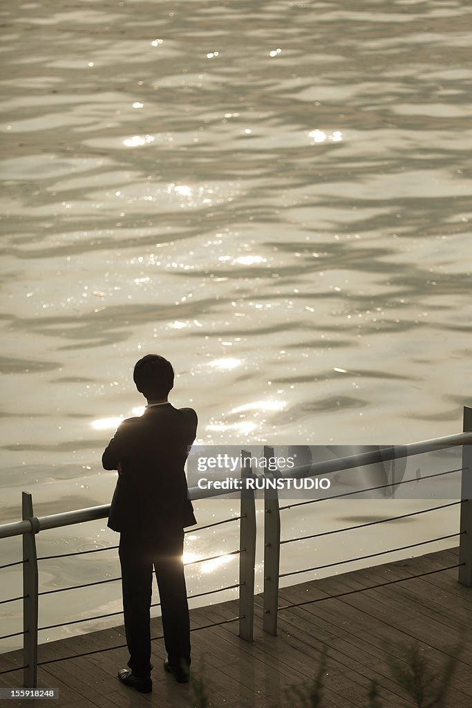 Businessman standing by the river