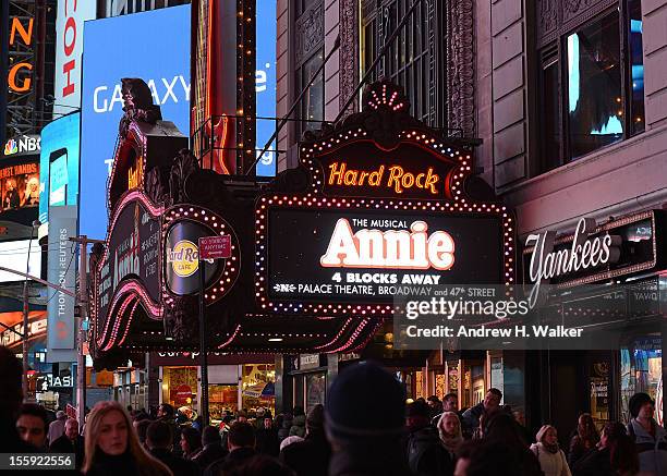 Exterior overview of the marquee during the "Annie" Broadway opening night after party at Hard Rock Cafe New York on November 8, 2012 in New York...