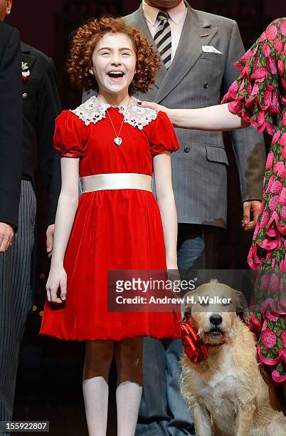Actress Lilla Crawford takes her curtain call at the opening night of "Annie" on Broadway at Palace Theatre on November 8, 2012 in New York City.