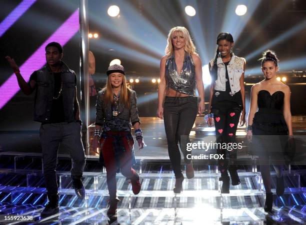 Contestants Arin Ray, Beatrice Miller, judge Britney Spears and contestants Diamond White and Carly Rose Sonenclar onstage at FOX's "The X Factor"...