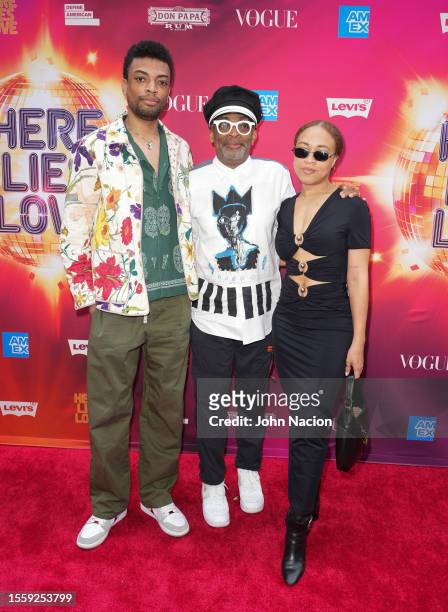 Jackson Lee, Spike Lee, and Satchel Lee attend the "Here Lies Love" Broadway Opening Night at Broadway Theatre on July 20, 2023 in New York City.