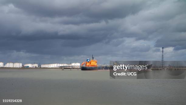 The chemical or oil products tanker Alkea berthed at the Navigator Terminals Thames fuel and chemicals storage facility at Thurrock in Essex, UK on...